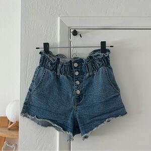 Blue Denim High-Waisted Women Shorts With Ruffle Design